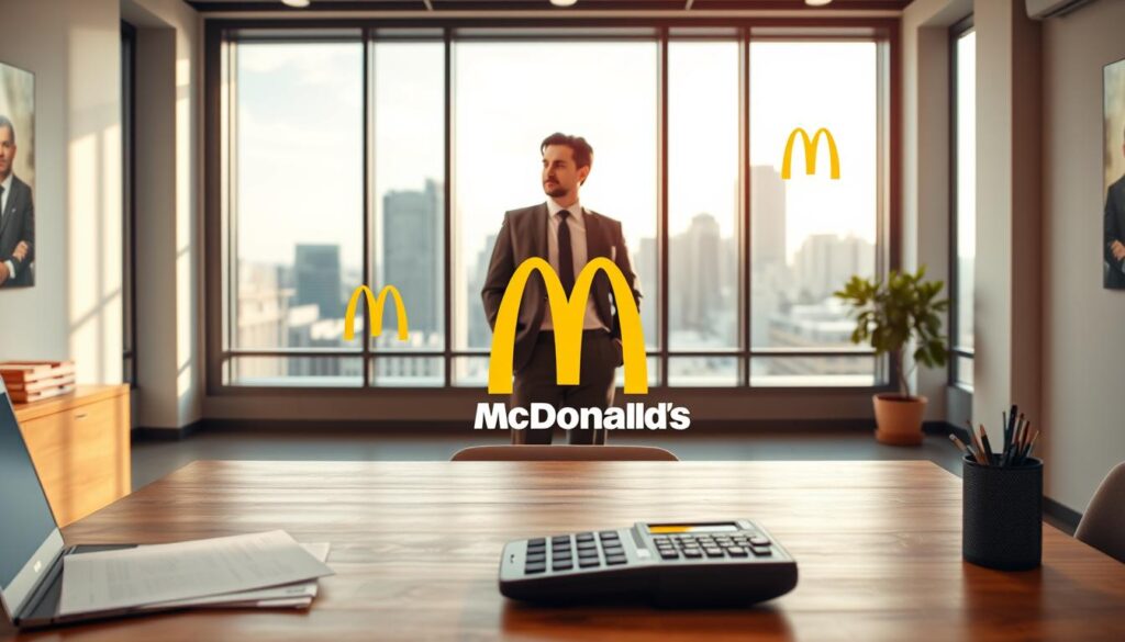 A modern office interior with a clean, professional atmosphere. In the foreground, a wooden desk with a laptop, documents, and a calculator, reflecting the financial and administrative nature of a manager's role. In the middle ground, a well-dressed figure, representing the McDonald's manager, standing in a contemplative pose, surrounded by stylized McDonald's branding elements. The background features a large window overlooking a cityscape, suggesting the broader context of the business and the manager's responsibilities. The lighting is warm and inviting, creating a sense of productivity and success. The overall scene conveys the prestigious and well-compensated nature of a McDonald's manager's position. A modern office interior with a clean, professional atmosphere. In the foreground, a wooden desk with a laptop, documents, and a calculator, reflecting the financial and administrative nature of a manager's role. In the middle ground, a well-dressed figure, representing the McDonald's manager, standing in a contemplative pose, surrounded by stylized McDonald's branding elements. The background features a large window overlooking a cityscape, suggesting the broader context of the business and the manager's responsibilities. The lighting is warm and inviting, creating a sense of productivity and success. The overall scene conveys the prestigious and well-compensated nature of a McDonald's manager's position.