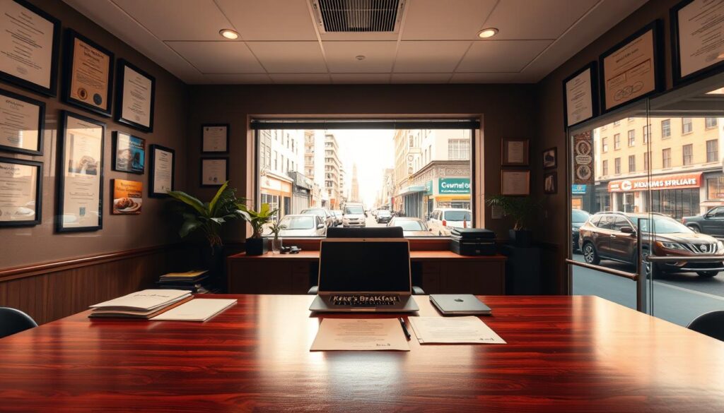 A modern office interior with a large window overlooking a bustling city street. In the center of the frame, a polished wooden desk displays an array of documents, a laptop, and a nameplate that reads "Keke's Breakfast Cafe - Ownership Information". The walls are lined with framed certificates and awards, hinting at the cafe's success and reputation. Warm, diffused lighting filters through the window, creating a professional yet welcoming atmosphere. The overall composition suggests a well-organized, prosperous business entity dedicated to providing a quality dining experience. A modern office interior with a large window overlooking a bustling city street. In the center of the frame, a polished wooden desk displays an array of documents, a laptop, and a nameplate that reads "Keke's Breakfast Cafe - Ownership Information". The walls are lined with framed certificates and awards, hinting at the cafe's success and reputation. Warm, diffused lighting filters through the window, creating a professional yet welcoming atmosphere. The overall composition suggests a well-organized, prosperous business entity dedicated to providing a quality dining experience.