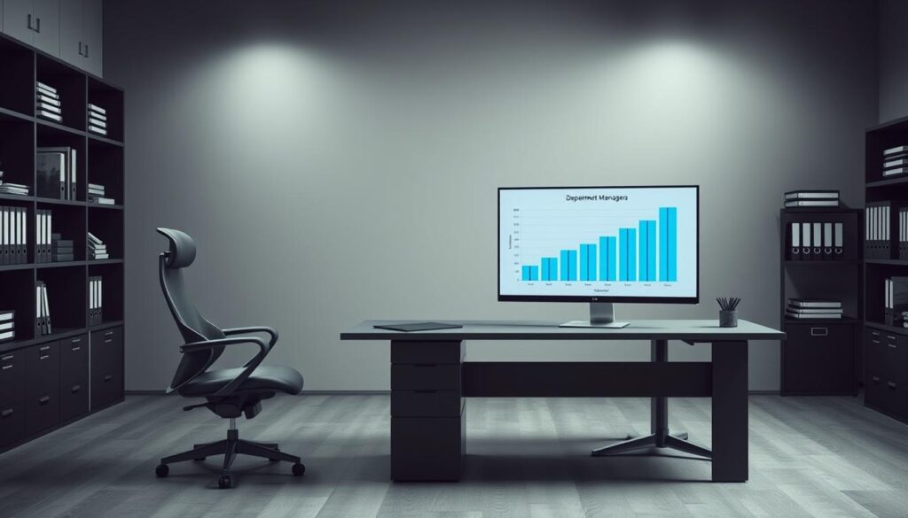 A modern office setting with a large desk, ergonomic chair, and a computer monitor displaying a graph showing a range of salaries for department managers. The lighting is soft and diffused, creating a professional and authoritative atmosphere. In the background, shelves filled with binders and reference materials suggest a well-organized and data-driven approach to compensation. The color palette is muted, with shades of gray, black, and subtle accents of blue, conveying a sense of stability and reliability. The overall composition is balanced and visually appealing, highlighting the importance of understanding department manager salary ranges. A modern office setting with a large desk, ergonomic chair, and a computer monitor displaying a graph showing a range of salaries for department managers. The lighting is soft and diffused, creating a professional and authoritative atmosphere. In the background, shelves filled with binders and reference materials suggest a well-organized and data-driven approach to compensation. The color palette is muted, with shades of gray, black, and subtle accents of blue, conveying a sense of stability and reliability. The overall composition is balanced and visually appealing, highlighting the importance of understanding department manager salary ranges.