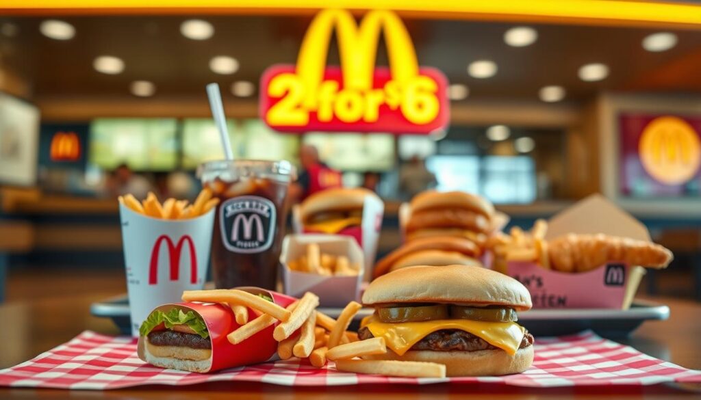 A mouthwatering display of McDonald's iconic meal deals, captured in a warm, inviting light. In the foreground, a Big Mac, fries, and a refreshing beverage sit atop a red-and-white checkered pattern, evoking the classic restaurant's aesthetic. The middle ground features a variety of other tempting options, such as a McChicken sandwich and a Filet-O-Fish, arranged neatly on a tray. In the background, a blurred view of the McDonald's logo and signage suggests the familiar restaurant setting. The image exudes a sense of nostalgia and craving, perfectly capturing the essence of the current status of the McDonald's 2 for $6 deal. A mouthwatering display of McDonald's iconic meal deals, captured in a warm, inviting light. In the foreground, a Big Mac, fries, and a refreshing beverage sit atop a red-and-white checkered pattern, evoking the classic restaurant's aesthetic. The middle ground features a variety of other tempting options, such as a McChicken sandwich and a Filet-O-Fish, arranged neatly on a tray. In the background, a blurred view of the McDonald's logo and signage suggests the familiar restaurant setting. The image exudes a sense of nostalgia and craving, perfectly capturing the essence of the current status of the McDonald's 2 for $6 deal.