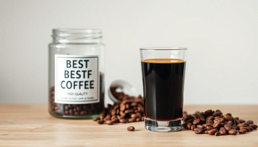 A neatly arranged still life of the best instant coffee for an espresso shot, placed on a wooden table with a clean, neutral background. The coffee jar has a clearly visible label, showcasing its high-quality branding. The espresso shot glass is half-filled with the rich, dark liquid, capturing the intensity and depth of flavor. Soft, natural lighting illuminates the scene, highlighting the textures and colors of the coffee and the table surface. The overall composition conveys a sense of thoughtfulness, quality, and the perfect combination of an instant coffee and an espresso. A neatly arranged still life of the best instant coffee for an espresso shot, placed on a wooden table with a clean, neutral background. The coffee jar has a clearly visible label, showcasing its high-quality branding. The espresso shot glass is half-filled with the rich, dark liquid, capturing the intensity and depth of flavor. Soft, natural lighting illuminates the scene, highlighting the textures and colors of the coffee and the table surface. The overall composition conveys a sense of thoughtfulness, quality, and the perfect combination of an instant coffee and an espresso.