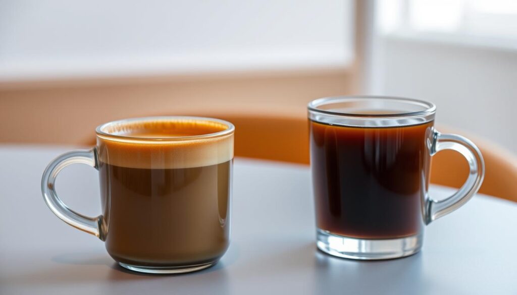 A neatly arranged table with two large mugs, one containing a rich, creamy espresso and the other a classic drip-brewed coffee. The espresso mug has a thick, golden-brown crema on top, while the regular coffee mug showcases a deep, amber-colored liquid. Soft, warm lighting illuminates the scene, highlighting the distinct differences in aroma, texture, and color between the two beverages. In the background, a blurred, minimalist setting evokes a cozy, café-like atmosphere, inviting the viewer to savor and compare the unique characteristics of espresso and regular coffee. A neatly arranged table with two large mugs, one containing a rich, creamy espresso and the other a classic drip-brewed coffee. The espresso mug has a thick, golden-brown crema on top, while the regular coffee mug showcases a deep, amber-colored liquid. Soft, warm lighting illuminates the scene, highlighting the distinct differences in aroma, texture, and color between the two beverages. In the background, a blurred, minimalist setting evokes a cozy, café-like atmosphere, inviting the viewer to savor and compare the unique characteristics of espresso and regular coffee.