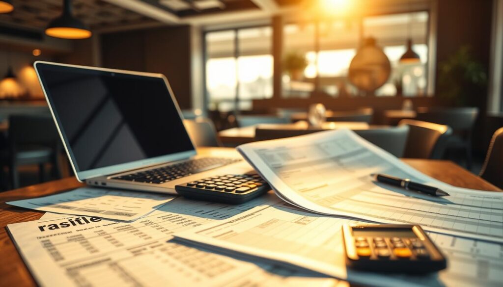 A neatly organized office desk with a laptop, spreadsheet documents, and a calculator, set against a blurred background of a modern restaurant interior. Warm, directional lighting casts soft shadows, creating a professional yet inviting atmosphere. The desk surface is partially obscured by financial reports and payslip details, hinting at the meticulous record-keeping and data analysis required for managing a restaurant's compensation structure. The overall composition conveys a sense of diligence, precision, and the behind-the-scenes work involved in overseeing a restaurant's operational and financial aspects. A neatly organized office desk with a laptop, spreadsheet documents, and a calculator, set against a blurred background of a modern restaurant interior. Warm, directional lighting casts soft shadows, creating a professional yet inviting atmosphere. The desk surface is partially obscured by financial reports and payslip details, hinting at the meticulous record-keeping and data analysis required for managing a restaurant's compensation structure. The overall composition conveys a sense of diligence, precision, and the behind-the-scenes work involved in overseeing a restaurant's operational and financial aspects.