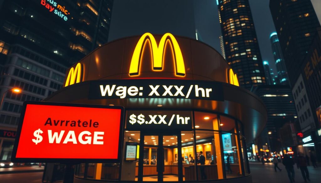 A neon-lit, sleek and modern McDonald's restaurant facade, with a prominent display of the average hourly wage rate for employees. The foreground features a glowing "Wage: $X.XX/hr" sign, highlighting the compensation details. The middle ground showcases the iconic golden arches and a well-lit, inviting entryway. The background depicts a bustling urban setting, with skyscrapers and city lights providing a dynamic metropolitan atmosphere. The lighting is warm and slightly tinted, creating a vibrant, energetic mood that reflects the fast-paced nature of the fast-food industry. The camera angle is slightly elevated, providing a clear, unobstructed view of the wage information and the overall scene.