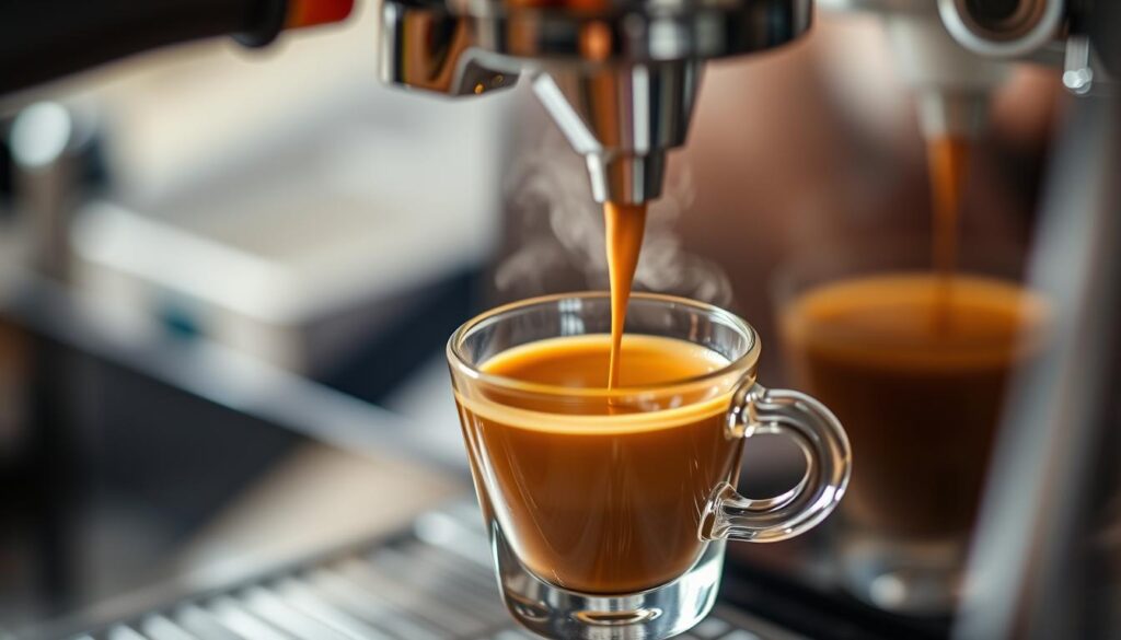 A perfect espresso shot with rich crema being pulled from an espresso machine A perfect espresso shot with rich crema being pulled from an espresso machine