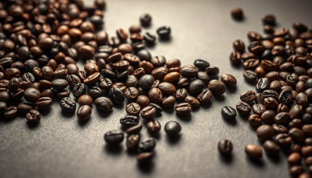 A perfectly lit, high-resolution close-up image of various coffee beans arranged in a visually appealing manner on a smooth, matte surface. The beans should include a range of shapes, sizes, and colors, such as Arabica, Robusta, and specialty varietals like Kona and Jamaican Blue Mountain. The lighting should be soft and diffused, highlighting the intricate textures and rich hues of the beans. The angle should be slightly elevated, creating a sense of depth and allowing the viewer to fully appreciate the diverse characteristics of the different bean types. The overall atmosphere should convey a sense of artisanal quality, inviting the viewer to learn more about the unique properties and nuances of each coffee bean variety. A perfectly lit, high-resolution close-up image of various coffee beans arranged in a visually appealing manner on a smooth, matte surface. The beans should include a range of shapes, sizes, and colors, such as Arabica, Robusta, and specialty varietals like Kona and Jamaican Blue Mountain. The lighting should be soft and diffused, highlighting the intricate textures and rich hues of the beans. The angle should be slightly elevated, creating a sense of depth and allowing the viewer to fully appreciate the diverse characteristics of the different bean types. The overall atmosphere should convey a sense of artisanal quality, inviting the viewer to learn more about the unique properties and nuances of each coffee bean variety.