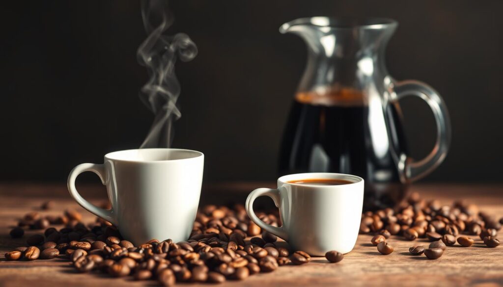 A pristine white espresso cup stands in the foreground, steam gently curling from its surface. Beside it, a classic glass carafe filled with rich, dark drip coffee. The two beverages are framed by an array of coffee beans, scattered across a rustic wooden table. Warm, directional lighting casts soft shadows, highlighting the contrasting colors and textures. The scene conveys a sense of thoughtful comparison, inviting the viewer to consider the nuanced differences in caffeine content between these two beloved coffee preparations. A pristine white espresso cup stands in the foreground, steam gently curling from its surface. Beside it, a classic glass carafe filled with rich, dark drip coffee. The two beverages are framed by an array of coffee beans, scattered across a rustic wooden table. Warm, directional lighting casts soft shadows, highlighting the contrasting colors and textures. The scene conveys a sense of thoughtful comparison, inviting the viewer to consider the nuanced differences in caffeine content between these two beloved coffee preparations.