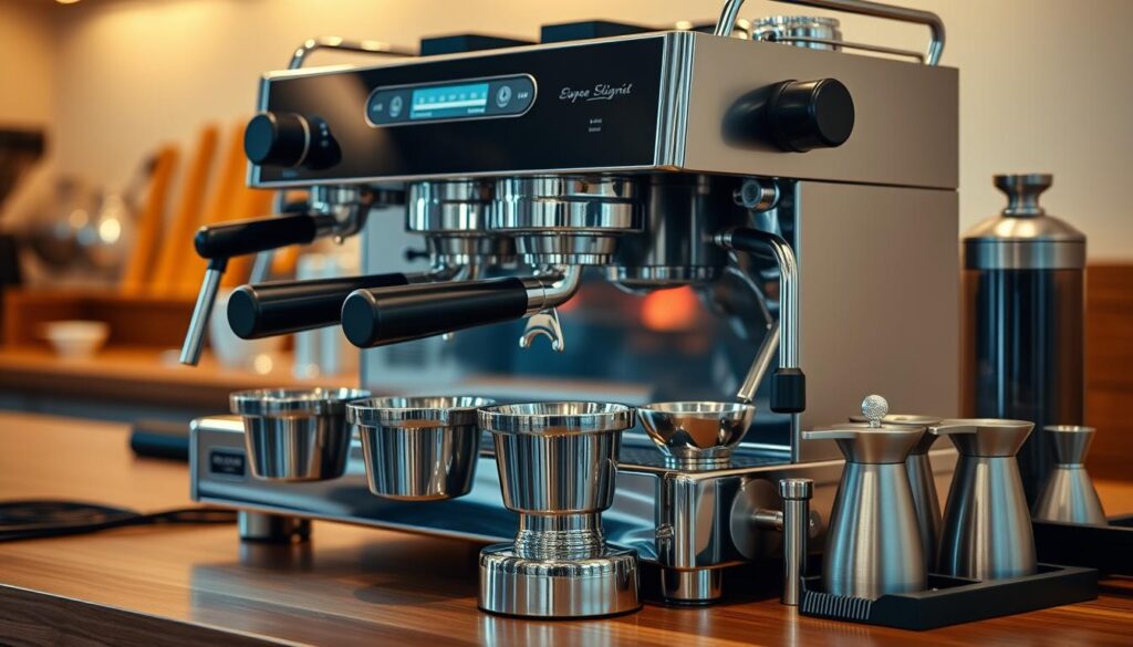 A professional, high-quality espresso machine, precision-crafted with gleaming chrome and stainless steel, sits prominently on a polished wooden countertop. The machine's group heads and portafilters are arranged in the foreground, showcasing the intricate mechanisms that facilitate the extraction of a rich, aromatic espresso. In the middle ground, a variety of espresso-related accessories, such as tampers, grinders, and measuring tools, are neatly displayed, hinting at the care and attention required to brew the perfect shot. The background is softly lit, creating a warm, inviting atmosphere, with subtle hints of light reflecting off the metal surfaces and highlighting the overall elegance of the setup. A professional, high-quality espresso machine, precision-crafted with gleaming chrome and stainless steel, sits prominently on a polished wooden countertop. The machine's group heads and portafilters are arranged in the foreground, showcasing the intricate mechanisms that facilitate the extraction of a rich, aromatic espresso. In the middle ground, a variety of espresso-related accessories, such as tampers, grinders, and measuring tools, are neatly displayed, hinting at the care and attention required to brew the perfect shot. The background is softly lit, creating a warm, inviting atmosphere, with subtle hints of light reflecting off the metal surfaces and highlighting the overall elegance of the setup.
