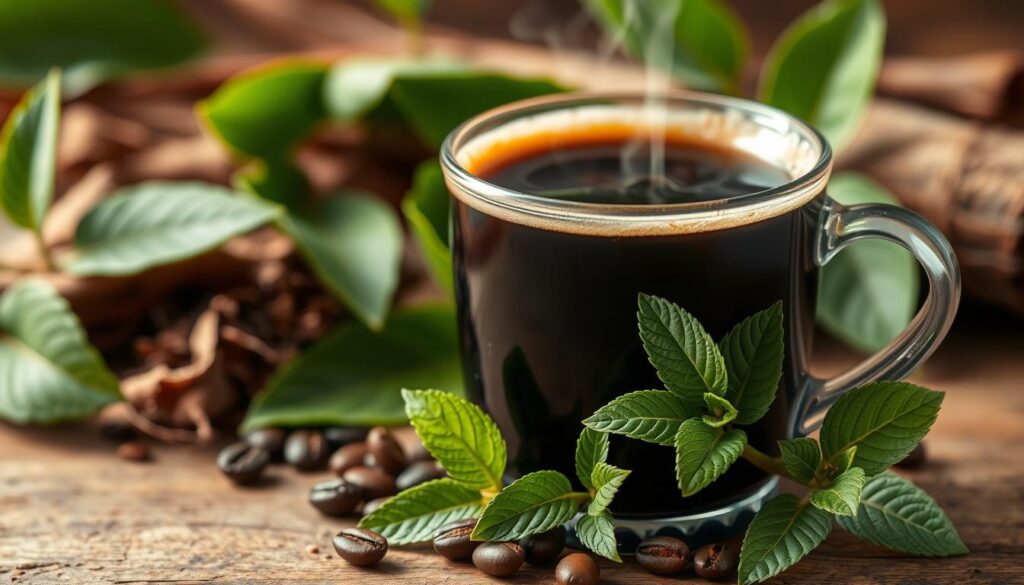 A serene and inviting close-up photograph of a steaming cup of freshly brewed drip coffee, set against a backdrop of vibrant green leaves and earthy tones. The coffee's rich, dark color contrasts beautifully with the soft, creamy foam on the surface, hinting at its bold and aromatic flavor. Gentle, warm lighting bathes the scene, creating a sense of tranquility and wellness. In the foreground, a few whole coffee beans and a sprig of fresh mint add a touch of natural elegance, emphasizing the health benefits associated with this beloved beverage. A serene and inviting close-up photograph of a steaming cup of freshly brewed drip coffee, set against a backdrop of vibrant green leaves and earthy tones. The coffee's rich, dark color contrasts beautifully with the soft, creamy foam on the surface, hinting at its bold and aromatic flavor. Gentle, warm lighting bathes the scene, creating a sense of tranquility and wellness. In the foreground, a few whole coffee beans and a sprig of fresh mint add a touch of natural elegance, emphasizing the health benefits associated with this beloved beverage.