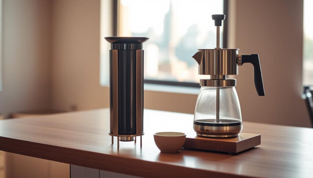 A sleek AeroPress and a classic stovetop espresso maker sit side by side on a minimalist wooden counter, bathed in warm, natural lighting. The AeroPress stands tall, its distinctive cylindrical shape, while the stovetop espresso maker emanates a timeless, vintage charm. In the background, a window frames a cityscape, suggesting an urban setting perfect for artisanal coffee brewing. The scene conveys a sense of alternative, practical, and thoughtful coffee preparation methods, positioning these tools as viable options to traditional espresso machines. A sleek AeroPress and a classic stovetop espresso maker sit side by side on a minimalist wooden counter, bathed in warm, natural lighting. The AeroPress stands tall, its distinctive cylindrical shape, while the stovetop espresso maker emanates a timeless, vintage charm. In the background, a window frames a cityscape, suggesting an urban setting perfect for artisanal coffee brewing. The scene conveys a sense of alternative, practical, and thoughtful coffee preparation methods, positioning these tools as viable options to traditional espresso machines.