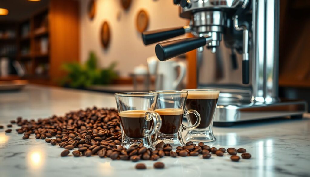 A sleek marble countertop, adorned with various coffee beans, freshly roasted. In the foreground, a trio of glass espresso cups, their rich, crema-topped contents reflecting the warm, ambient lighting. Alongside, a high-end espresso machine, its polished stainless steel casing gleaming. In the background, a warm, cozy café setting, with wooden accents and soft, diffused lighting, creating an inviting atmosphere for the discerning coffee connoisseur to explore the perfect espresso blend. A sleek marble countertop, adorned with various coffee beans, freshly roasted. In the foreground, a trio of glass espresso cups, their rich, crema-topped contents reflecting the warm, ambient lighting. Alongside, a high-end espresso machine, its polished stainless steel casing gleaming. In the background, a warm, cozy café setting, with wooden accents and soft, diffused lighting, creating an inviting atmosphere for the discerning coffee connoisseur to explore the perfect espresso blend.
