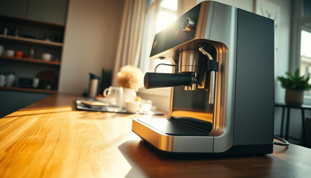 A sleek, modern Gran Lungo coffee machine resting on a polished wooden countertop, sunlight filtering through a nearby window and casting a warm glow on its stainless steel exterior. The machine's clean lines and minimalist design convey a sense of sophistication, while the low-angle perspective highlights its impressive presence. The foreground is in sharp focus, drawing the viewer's attention to the machine's intricate controls and the steam gently rising from the brewing chamber. The middle ground features a few carefully placed coffee accessories, subtly suggesting the machine's functionality. The background is softly blurred, creating a sense of depth and a cozy, domestic atmosphere. A sleek, modern Gran Lungo coffee machine resting on a polished wooden countertop, sunlight filtering through a nearby window and casting a warm glow on its stainless steel exterior. The machine's clean lines and minimalist design convey a sense of sophistication, while the low-angle perspective highlights its impressive presence. The foreground is in sharp focus, drawing the viewer's attention to the machine's intricate controls and the steam gently rising from the brewing chamber. The middle ground features a few carefully placed coffee accessories, subtly suggesting the machine's functionality. The background is softly blurred, creating a sense of depth and a cozy, domestic atmosphere.