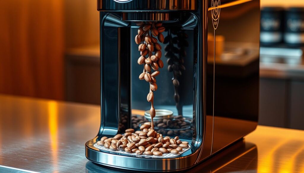 A sleek, modern chocolate-covered coffee bean machine stands on a polished stainless steel counter, bathed in warm, golden lighting. The machine's glossy, ebony exterior gleams, with intricate silver detailing accenting its streamlined design. Freshly roasted coffee beans tumble through a transparent viewing window, cascading into a tempered chocolate waterfall that enrobes them in a rich, velvety coating. The aroma of roasted coffee and melted cocoa permeates the air, creating an inviting and indulgent atmosphere. The machine operates with a quiet, efficient hum, highlighting its precision engineering. This captivating setup captures the essence of experimenting with distinct flavor combinations, enticing the senses and inspiring culinary exploration. A sleek, modern chocolate-covered coffee bean machine stands on a polished stainless steel counter, bathed in warm, golden lighting. The machine's glossy, ebony exterior gleams, with intricate silver detailing accenting its streamlined design. Freshly roasted coffee beans tumble through a transparent viewing window, cascading into a tempered chocolate waterfall that enrobes them in a rich, velvety coating. The aroma of roasted coffee and melted cocoa permeates the air, creating an inviting and indulgent atmosphere. The machine operates with a quiet, efficient hum, highlighting its precision engineering. This captivating setup captures the essence of experimenting with distinct flavor combinations, enticing the senses and inspiring culinary exploration.