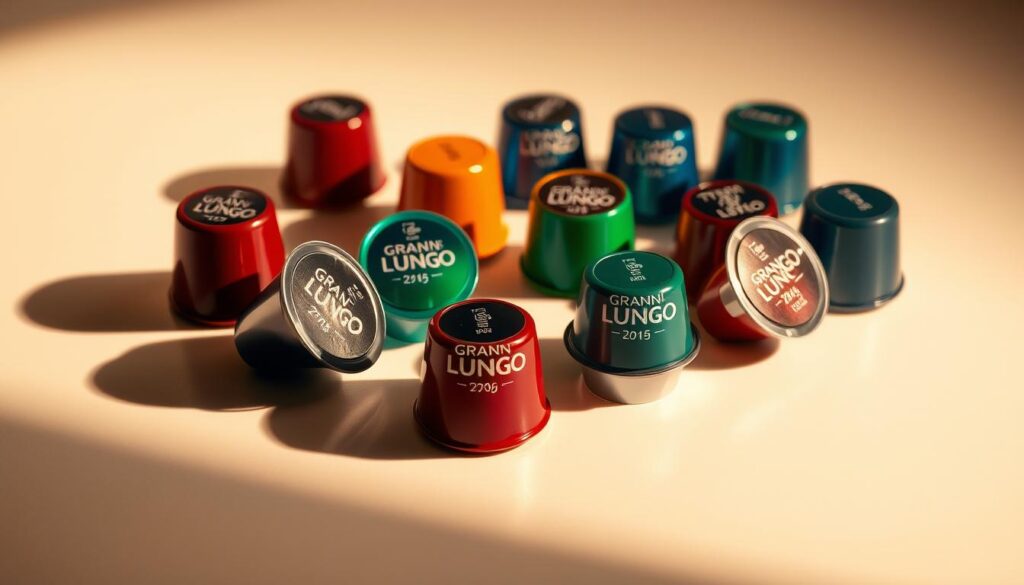 A sleek, modern composition showcasing a collection of Gran Lungo coffee pods. The pods are arranged artfully on a clean, minimal surface, casting subtle shadows that add depth and dimension. Warm, directional lighting illuminates the vibrant colors and reflective surfaces of the pods, creating a sense of premium quality and craftsmanship. The background is softly blurred, allowing the coffee pods to take center stage and command the viewer's attention. The overall mood is one of sophistication, highlighting the elegant and refined nature of the Gran Lungo brand. A sleek, modern composition showcasing a collection of Gran Lungo coffee pods. The pods are arranged artfully on a clean, minimal surface, casting subtle shadows that add depth and dimension. Warm, directional lighting illuminates the vibrant colors and reflective surfaces of the pods, creating a sense of premium quality and craftsmanship. The background is softly blurred, allowing the coffee pods to take center stage and command the viewer's attention. The overall mood is one of sophistication, highlighting the elegant and refined nature of the Gran Lungo brand.
