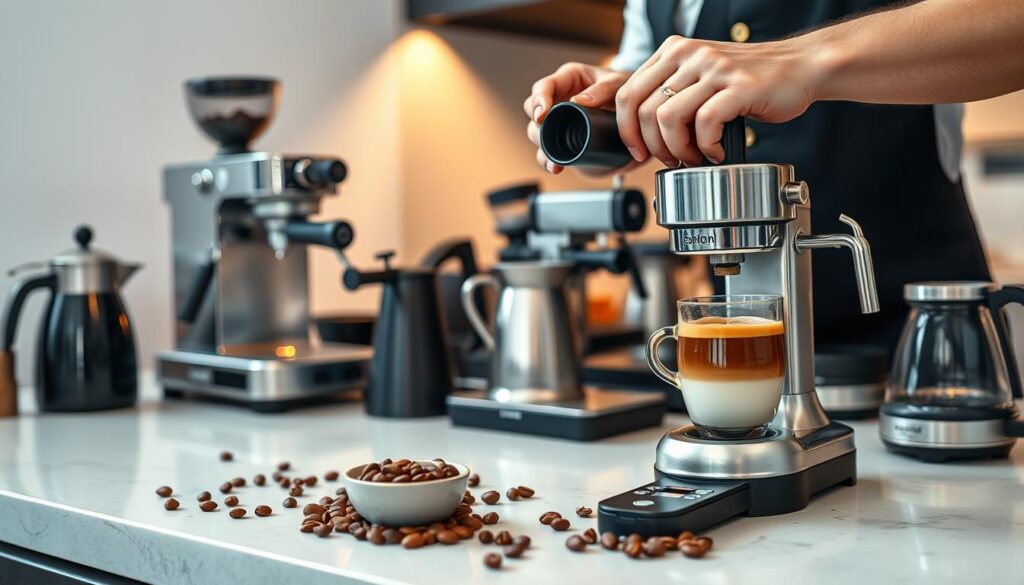 A sleek, modern kitchen counter with a professional espresso machine, surrounded by various brewing tools and accessories. In the foreground, a skilled barista's hands carefully tamps and grinds fresh coffee beans, preparing to pull a rich, creamy shot of espresso. The middle ground showcases a variety of brewing methods, including a classic moka pot, a manual lever espresso machine, and a precise scale for measured dosing. The background features warm, directional lighting, casting a cozy, inviting atmosphere, highlighting the intricate process of extracting the perfect espresso.
