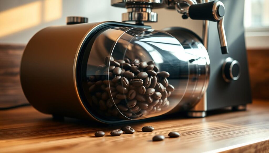 A sleek, polished chocolate-covered espresso bean machine rests on a wooden countertop, bathed in warm, soft lighting. The machine's smooth, cylindrical body gleams, its chrome accents reflecting the gentle illumination. Freshly roasted espresso beans, coated in a rich, velvety chocolate layer, tumble and swirl within the transparent viewing chamber, their enticing aroma filling the air. The machine's controls are minimal, with only a few well-placed knobs and buttons, hinting at its precision engineering. The scene exudes a sense of artisanal craftsmanship, inviting the viewer to imagine the delectable chocolate-infused espresso treats that could be produced by this remarkable device. A sleek, polished chocolate-covered espresso bean machine rests on a wooden countertop, bathed in warm, soft lighting. The machine's smooth, cylindrical body gleams, its chrome accents reflecting the gentle illumination. Freshly roasted espresso beans, coated in a rich, velvety chocolate layer, tumble and swirl within the transparent viewing chamber, their enticing aroma filling the air. The machine's controls are minimal, with only a few well-placed knobs and buttons, hinting at its precision engineering. The scene exudes a sense of artisanal craftsmanship, inviting the viewer to imagine the delectable chocolate-infused espresso treats that could be produced by this remarkable device.