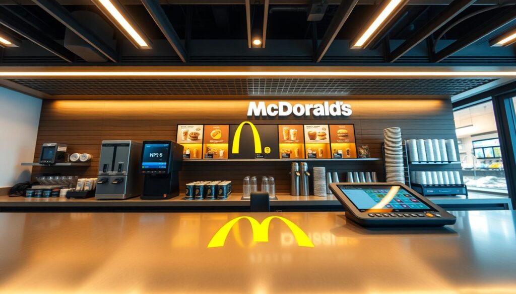 A sleek, well-lit counter with the McDonald's logo prominently displayed, showcasing the NP6 POS system. The surface is a polished, metallic finish, with a touchscreen interface and array of buttons for order entry. Behind the counter, a neatly organized array of dispensers and holders for cups, lids, and condiments. Overhead, a modern, minimalist lighting system casts a warm, inviting glow, creating a professional, efficient atmosphere. The camera angle is slightly angled, providing a dynamic, immersive perspective that captures the technological sophistication and attention to detail of the McDonald's POS system. A sleek, well-lit counter with the McDonald's logo prominently displayed, showcasing the NP6 POS system. The surface is a polished, metallic finish, with a touchscreen interface and array of buttons for order entry. Behind the counter, a neatly organized array of dispensers and holders for cups, lids, and condiments. Overhead, a modern, minimalist lighting system casts a warm, inviting glow, creating a professional, efficient atmosphere. The camera angle is slightly angled, providing a dynamic, immersive perspective that captures the technological sophistication and attention to detail of the McDonald's POS system.