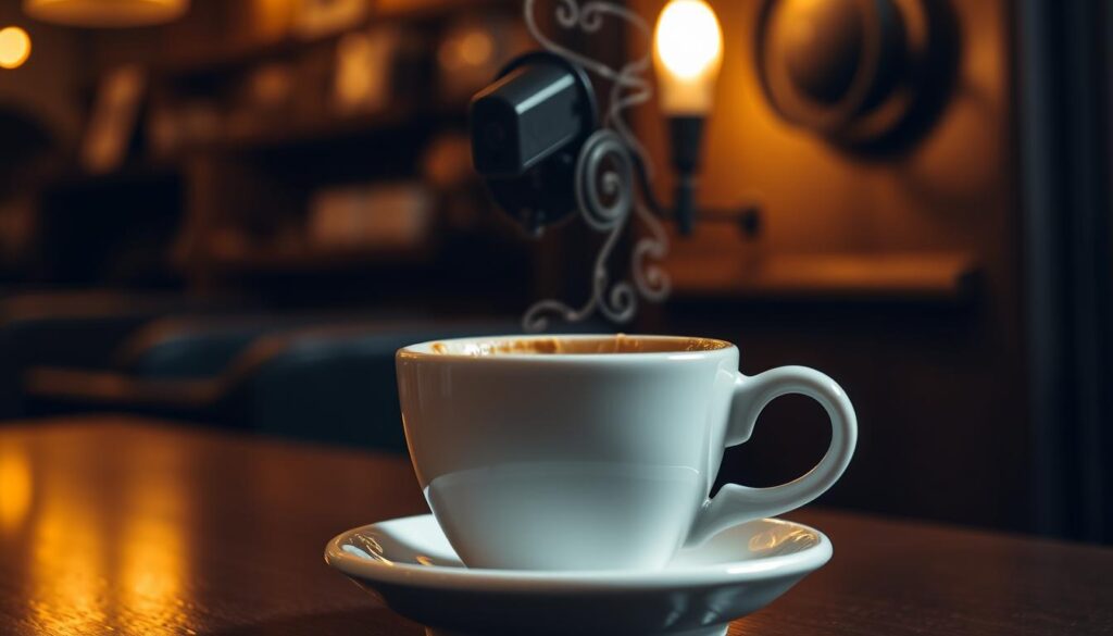 A steaming double espresso shot in a classic white porcelain demitasse cup, set against a dimly lit, cozy cafe backdrop. The liquid glistens with a rich, dark brown crema, the surface punctuated by delicate foam patterns. Warm, muted lighting from a nearby wall sconce casts a soft glow, accentuating the depth and complexity of the brew. The cup rests on a small saucer, hinting at the intimate, artisanal nature of the moment. The overall atmosphere conveys a sense of quiet contemplation and the appreciation of a well-crafted, premium coffee experience. A steaming double espresso shot in a classic white porcelain demitasse cup, set against a dimly lit, cozy cafe backdrop. The liquid glistens with a rich, dark brown crema, the surface punctuated by delicate foam patterns. Warm, muted lighting from a nearby wall sconce casts a soft glow, accentuating the depth and complexity of the brew. The cup rests on a small saucer, hinting at the intimate, artisanal nature of the moment. The overall atmosphere conveys a sense of quiet contemplation and the appreciation of a well-crafted, premium coffee experience.