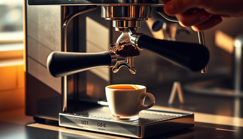 A steaming espresso machine stands on a polished countertop, its sleek metal body gleaming under warm, softly diffused lighting. A barista's hand carefully tamps freshly ground coffee into the portafilter, the rich aroma filling the air. The machine's group head flushes water through the tightly packed grounds, extracting a thick, syrupy espresso that slowly fills a small ceramic cup, its crema glistening with golden hues. Soft shadows play across the scene, creating a sense of depth and drama as the espresso machine works its magic, producing the perfect shot to showcase the quality and care put into using coffee grounds in an espresso-based brew. A steaming espresso machine stands on a polished countertop, its sleek metal body gleaming under warm, softly diffused lighting. A barista's hand carefully tamps freshly ground coffee into the portafilter, the rich aroma filling the air. The machine's group head flushes water through the tightly packed grounds, extracting a thick, syrupy espresso that slowly fills a small ceramic cup, its crema glistening with golden hues. Soft shadows play across the scene, creating a sense of depth and drama as the espresso machine works its magic, producing the perfect shot to showcase the quality and care put into using coffee grounds in an espresso-based brew.