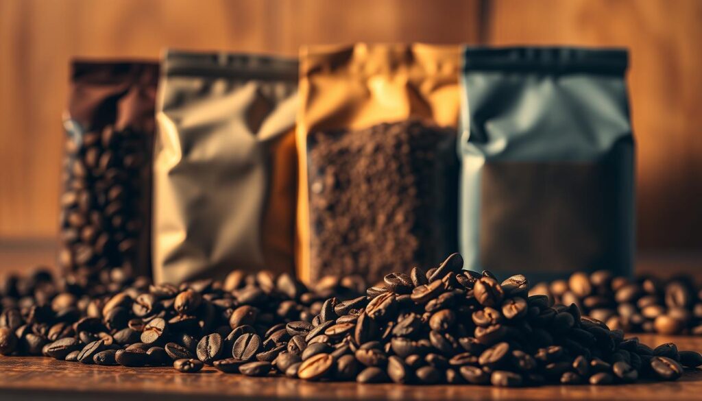 A still life scene showcasing a side-by-side comparison of an espresso roast coffee and several other coffee roasts. The espresso roast is prominently displayed in the foreground, its deep, rich brown hue contrasting with the lighter shades of the other roasts arrayed behind it. The lighting is warm and directional, casting dramatic shadows that accentuate the textural differences between the roasts. The image is captured from a low angle, giving the viewer a sense of the depth and complexity of the coffee varieties. The overall mood is one of thoughtful examination, inviting the viewer to closely consider the unique qualities of each roast.