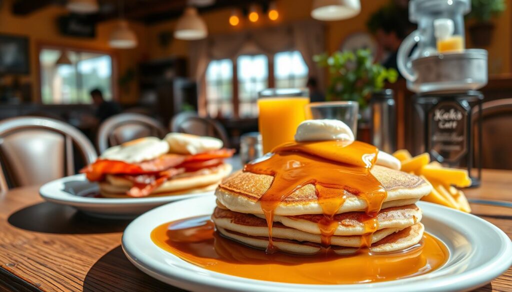 A sunny, inviting breakfast scene in Hendersonville, with a rustic wooden table showcasing a delectable array of breakfast options. In the foreground, a stack of fluffy pancakes drizzled with maple syrup, accompanied by crisp bacon and creamy scrambled eggs. In the middle ground, a glass of freshly squeezed orange juice and a steaming mug of rich, aromatic coffee. The background features a cozy, charming cafe setting, with warm lighting and a touch of greenery, creating a welcoming and appetizing atmosphere. Captured with a wide-angle lens, this image perfectly captures the essence of the breakfast offerings at Keke's Breakfast Cafe in Hendersonville. A sunny, inviting breakfast scene in Hendersonville, with a rustic wooden table showcasing a delectable array of breakfast options. In the foreground, a stack of fluffy pancakes drizzled with maple syrup, accompanied by crisp bacon and creamy scrambled eggs. In the middle ground, a glass of freshly squeezed orange juice and a steaming mug of rich, aromatic coffee. The background features a cozy, charming cafe setting, with warm lighting and a touch of greenery, creating a welcoming and appetizing atmosphere. Captured with a wide-angle lens, this image perfectly captures the essence of the breakfast offerings at Keke's Breakfast Cafe in Hendersonville.