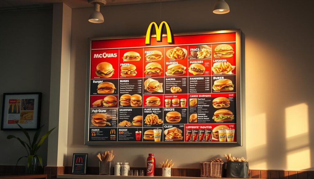 A vibrant and detailed image of a McDonald's menu board, captured in a warm, inviting atmosphere. The menu is prominently displayed, showcasing a diverse selection of iconic burgers, fries, drinks, and other signature items. The lighting is soft and natural, casting a cozy glow over the scene. The composition is well-balanced, with the menu board taking center stage, surrounded by clean, minimalist decor elements that complement the fast-food aesthetic. The overall mood is one of familiarity and anticipation, inviting the viewer to explore the options and imagine the delicious flavors. A vibrant and detailed image of a McDonald's menu board, captured in a warm, inviting atmosphere. The menu is prominently displayed, showcasing a diverse selection of iconic burgers, fries, drinks, and other signature items. The lighting is soft and natural, casting a cozy glow over the scene. The composition is well-balanced, with the menu board taking center stage, surrounded by clean, minimalist decor elements that complement the fast-food aesthetic. The overall mood is one of familiarity and anticipation, inviting the viewer to explore the options and imagine the delicious flavors.