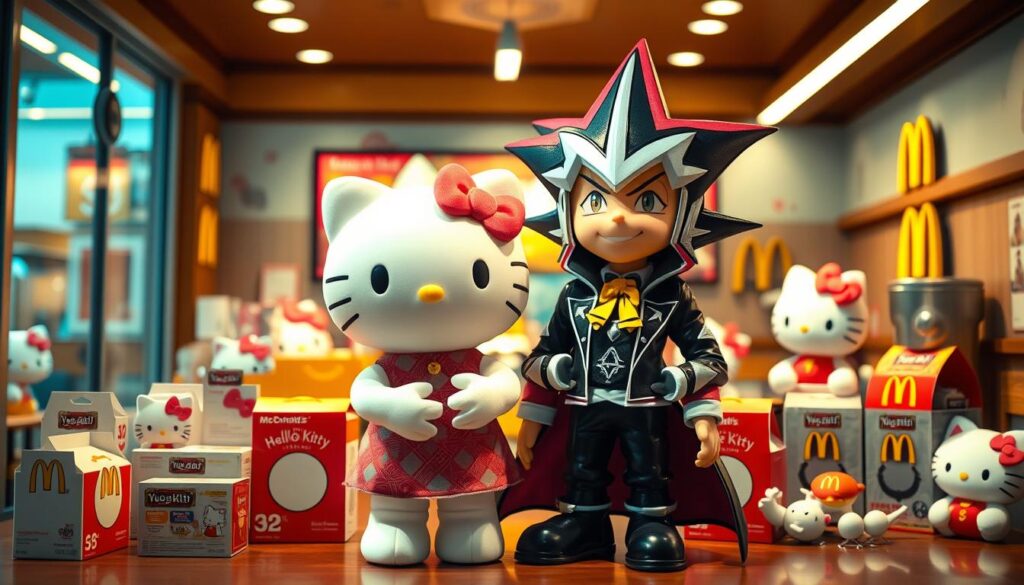 A vibrant and whimsical scene of a Yu-Gi-Oh! and Hello Kitty collaboration, set against a backdrop of a meticulously detailed McDonald's restaurant interior. In the foreground, Yu-Gi-Oh's iconic characters, Yugi and his Dark Magician, stand side by side with the beloved Hello Kitty, their expressions playful and joyful. The middle ground showcases an array of McDonald's-themed Yu-Gi-Oh! merchandise, including Happy Meal boxes, collectible cards, and plush toys. The scene is bathed in warm, golden lighting, reminiscent of the cozy ambiance of a McDonald's restaurant, creating a sense of nostalgia and delight. The overall composition is visually striking, capturing the unexpected yet delightful collaboration between these two beloved pop culture icons. A vibrant and whimsical scene of a Yu-Gi-Oh! and Hello Kitty collaboration, set against a backdrop of a meticulously detailed McDonald's restaurant interior. In the foreground, Yu-Gi-Oh's iconic characters, Yugi and his Dark Magician, stand side by side with the beloved Hello Kitty, their expressions playful and joyful. The middle ground showcases an array of McDonald's-themed Yu-Gi-Oh! merchandise, including Happy Meal boxes, collectible cards, and plush toys. The scene is bathed in warm, golden lighting, reminiscent of the cozy ambiance of a McDonald's restaurant, creating a sense of nostalgia and delight. The overall composition is visually striking, capturing the unexpected yet delightful collaboration between these two beloved pop culture icons.