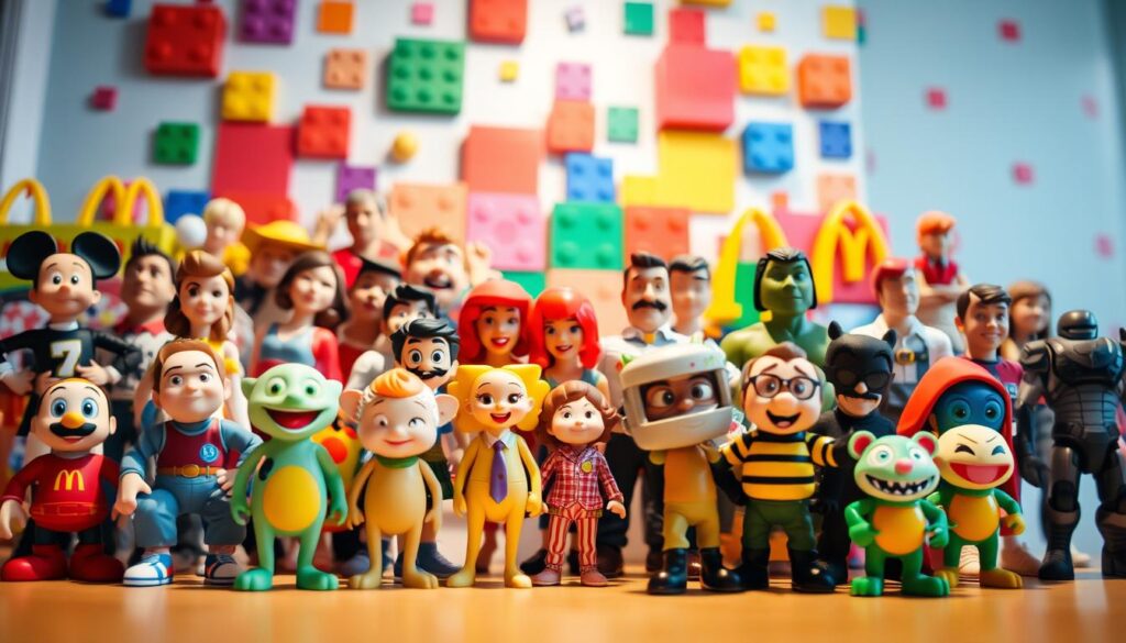 A vibrant assortment of Happy Meal toys in a dynamic arrangement, capturing the anticipation and excitement of the upcoming McDonald's promotions. In the foreground, a diverse cast of characters from popular franchises like Disney, Pixar, and video games stand together, their expressions full of joy and playfulness. The middle ground features a playful backdrop of colorful blocks, shapes, and patterns, evoking the spirit of creativity and imagination. The lighting is warm and inviting, casting a soft glow that enhances the overall sense of happiness and wonder. The image is captured from a slight bird's-eye view, allowing the viewer to fully appreciate the whimsical and captivating display of these iconic collectibles. A vibrant assortment of Happy Meal toys in a dynamic arrangement, capturing the anticipation and excitement of the upcoming McDonald's promotions. In the foreground, a diverse cast of characters from popular franchises like Disney, Pixar, and video games stand together, their expressions full of joy and playfulness. The middle ground features a playful backdrop of colorful blocks, shapes, and patterns, evoking the spirit of creativity and imagination. The lighting is warm and inviting, casting a soft glow that enhances the overall sense of happiness and wonder. The image is captured from a slight bird's-eye view, allowing the viewer to fully appreciate the whimsical and captivating display of these iconic collectibles.