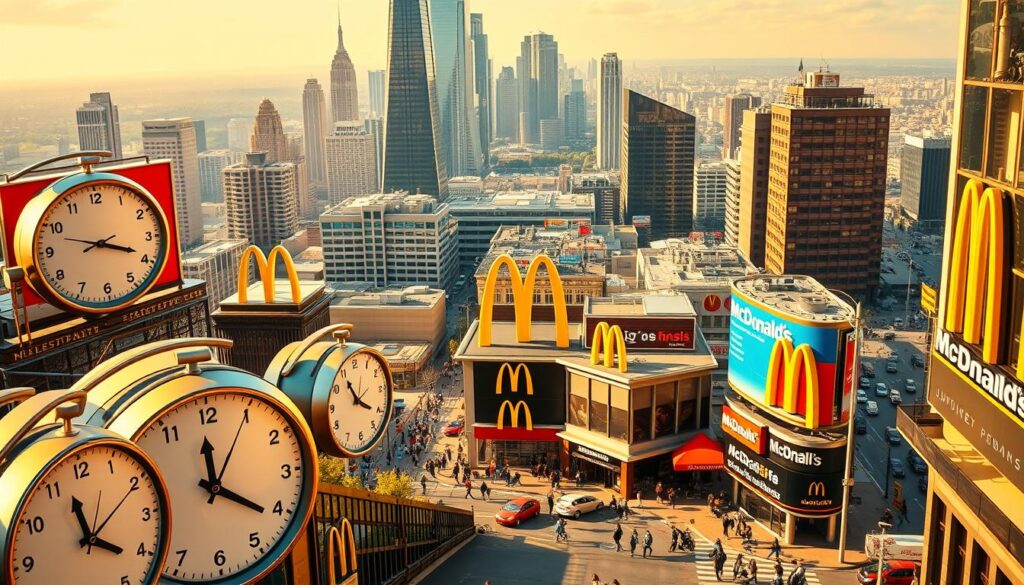 A vibrant cityscape with the iconic golden arches of McDonald's restaurants dotting the urban landscape. In the foreground, an array of clocks displaying various time zones, representing the diverse lunch hours across different locations. The middle ground features a bustling street scene, with pedestrians hurrying to grab a quick bite during their lunch breaks. In the background, a panoramic view of towering skyscrapers and busy streets, conveying the global reach of the McDonald's brand. The lighting is a warm, golden hue, creating a welcoming and inviting atmosphere. The overall composition suggests the varying schedules and needs of McDonald's customers, reflecting the flexibility and accessibility of the fast-food giant. A vibrant cityscape with the iconic golden arches of McDonald's restaurants dotting the urban landscape. In the foreground, an array of clocks displaying various time zones, representing the diverse lunch hours across different locations. The middle ground features a bustling street scene, with pedestrians hurrying to grab a quick bite during their lunch breaks. In the background, a panoramic view of towering skyscrapers and busy streets, conveying the global reach of the McDonald's brand. The lighting is a warm, golden hue, creating a welcoming and inviting atmosphere. The overall composition suggests the varying schedules and needs of McDonald's customers, reflecting the flexibility and accessibility of the fast-food giant.