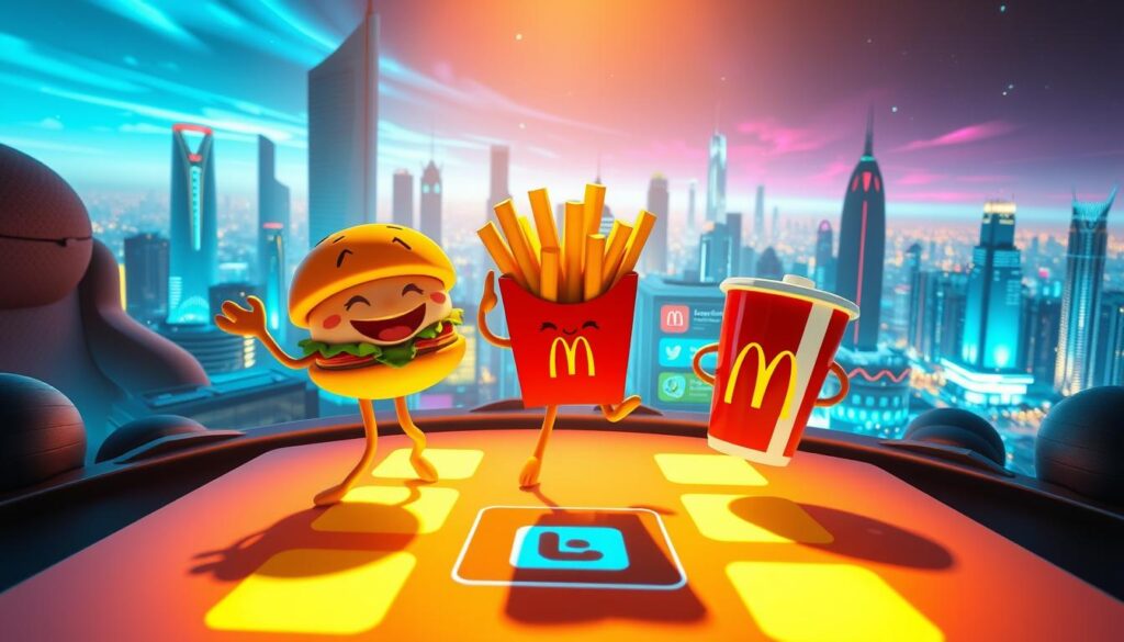 A vibrant digital diorama showcases a joyful Happy Meal experience. In the foreground, a trio of animated characters - a smiling hamburger, a playful fry, and a mischievous drink cup - engage in a whimsical dance, their movements captured in fluid, dynamic strokes. The middle ground features a sleek, futuristic interface, with colorful icons and interactive elements that invite exploration. In the background, a futuristic cityscape unfolds, complete with towering skyscrapers and a vibrant, neon-lit skyline, evoking a sense of technological wonder. The scene is illuminated by a warm, soft lighting that casts a friendly, inviting glow, capturing the spirit of the Happy Meal's digital evolution. A vibrant digital diorama showcases a joyful Happy Meal experience. In the foreground, a trio of animated characters - a smiling hamburger, a playful fry, and a mischievous drink cup - engage in a whimsical dance, their movements captured in fluid, dynamic strokes. The middle ground features a sleek, futuristic interface, with colorful icons and interactive elements that invite exploration. In the background, a futuristic cityscape unfolds, complete with towering skyscrapers and a vibrant, neon-lit skyline, evoking a sense of technological wonder. The scene is illuminated by a warm, soft lighting that casts a friendly, inviting glow, capturing the spirit of the Happy Meal's digital evolution.