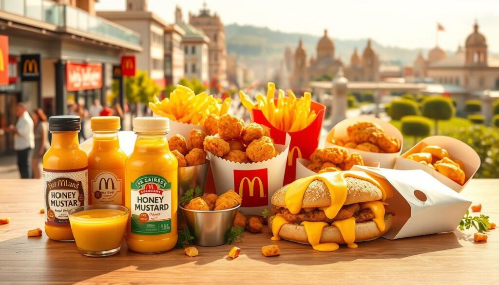 A vibrant global still life, capturing the diverse culinary uses of McDonald's honey mustard sauce. In the foreground, an artfully arranged collection of dipping sauces, condiments, and accoutrements from various international McDonald's menus - sweet chili from Thailand, garlic aioli from France, and the iconic honey mustard from the US. The middle ground showcases a variety of familiar McDonald's menu items - chicken nuggets, fries, and McChicken sandwiches, each adorned with the rich, golden honey mustard. The background suggests a harmonious blend of cultural influences, with glimpses of bustling city streets, verdant landscapes, and iconic architectural elements from around the world. Warm, natural lighting gently illuminates the scene, creating a welcoming, appetite-whetting atmosphere.