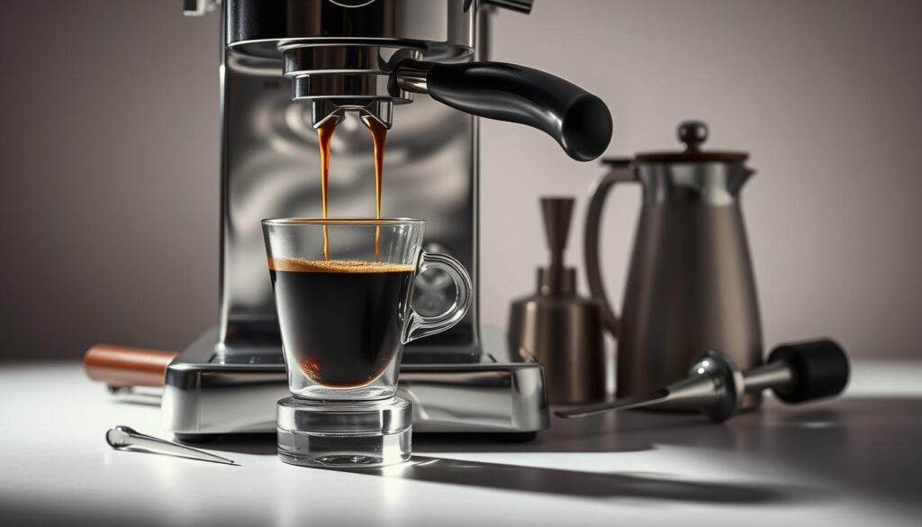 A vibrant, high-contrast still life showcasing the essentials of espresso preparation. In the foreground, a gleaming steel espresso machine with a sleek, modern design, its portafilter filled with freshly ground coffee. Beside it, a glass cup catching the rich, dark brew as it streams from the machine's group head. In the middle ground, a collection of essential tools: a tamper, a measuring spoon, and a milk pitcher. The background features a neutral, minimalist backdrop, allowing the espresso setup to take center stage. Soft, directional lighting illuminates the scene, casting dramatic shadows and highlights to accentuate the textures and details. The overall mood is one of precision, expertise, and the passion for crafting the perfect espresso. A vibrant, high-contrast still life showcasing the essentials of espresso preparation. In the foreground, a gleaming steel espresso machine with a sleek, modern design, its portafilter filled with freshly ground coffee. Beside it, a glass cup catching the rich, dark brew as it streams from the machine's group head. In the middle ground, a collection of essential tools: a tamper, a measuring spoon, and a milk pitcher. The background features a neutral, minimalist backdrop, allowing the espresso setup to take center stage. Soft, directional lighting illuminates the scene, casting dramatic shadows and highlights to accentuate the textures and details. The overall mood is one of precision, expertise, and the passion for crafting the perfect espresso.