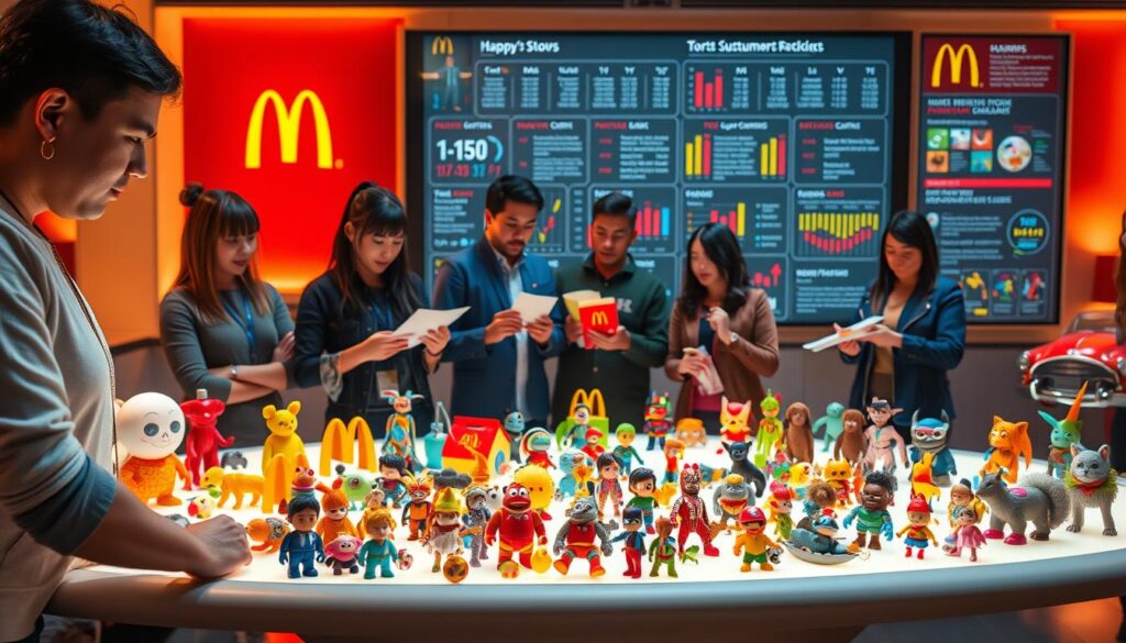 A vibrant, meticulously curated scene of the McDonald's Happy Meal toy selection process. In the foreground, a team of designers and marketers examines a variety of toy prototypes, each brimming with whimsical details and playful character designs. The middle ground showcases an array of toys, from classic characters to the latest pop culture sensations, laid out on a sleek, futuristic table under the warm glow of soft, directional lighting. In the background, a wall-sized display showcases market research data and customer feedback, informing the decision-making process. The overall atmosphere conveys a sense of creative collaboration, strategic foresight, and a deep understanding of the target audience's desires. A vibrant, meticulously curated scene of the McDonald's Happy Meal toy selection process. In the foreground, a team of designers and marketers examines a variety of toy prototypes, each brimming with whimsical details and playful character designs. The middle ground showcases an array of toys, from classic characters to the latest pop culture sensations, laid out on a sleek, futuristic table under the warm glow of soft, directional lighting. In the background, a wall-sized display showcases market research data and customer feedback, informing the decision-making process. The overall atmosphere conveys a sense of creative collaboration, strategic foresight, and a deep understanding of the target audience's desires.