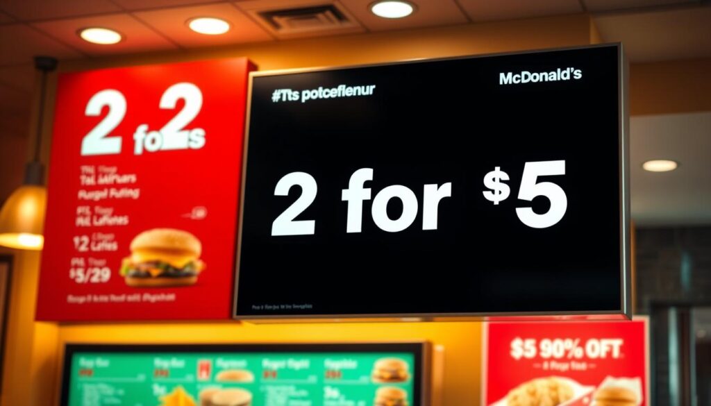 A vibrant, photorealistic image of a McDonald's menu board showcasing the "2 for $5" deal. The menu is displayed against a warm, slightly out-of-focus background, suggesting a cozy, inviting atmosphere. The menu items are clearly visible, with crisp, high-quality textures and accurate colors, highlighting the variety of options available. The lighting is soft and natural, creating a welcoming ambiance. The camera angle is slightly elevated, providing a clear, unobstructed view of the menu. The overall composition draws the viewer's attention to the core subject, emphasizing the "2 for $5" promotion in a visually compelling manner.