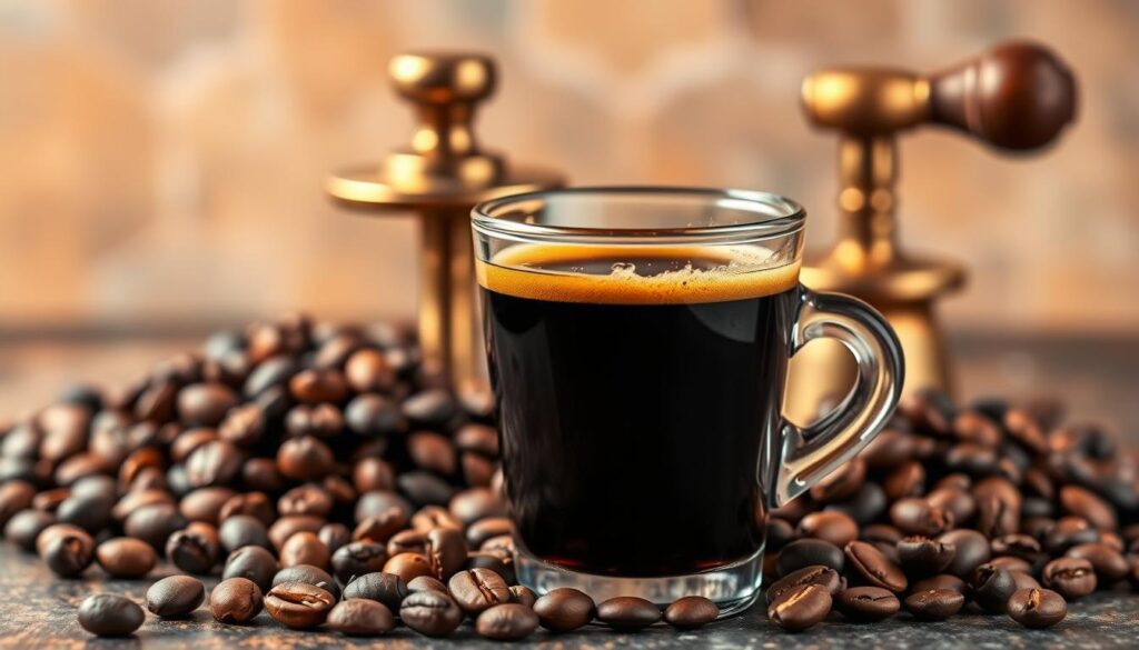 A vibrant still life showcasing the diverse flavor profiles of espresso. In the foreground, a glass of rich, dark espresso with a thick, creamy crema. Surrounding it, an arrangement of coffee beans in various roast levels - from light and fruity to dark and smoky. In the middle ground, a vintage brass portafilter and tamper, hinting at the craftsmanship behind the perfect shot. The background features a muted, earthy tone with hints of warm, golden light, evoking the cozy atmosphere of a specialty coffee shop. Soft focus and a shallow depth of field draw the viewer's attention to the central elements, highlighting the nuanced flavors and aromas of the espresso. A vibrant still life showcasing the diverse flavor profiles of espresso. In the foreground, a glass of rich, dark espresso with a thick, creamy crema. Surrounding it, an arrangement of coffee beans in various roast levels - from light and fruity to dark and smoky. In the middle ground, a vintage brass portafilter and tamper, hinting at the craftsmanship behind the perfect shot. The background features a muted, earthy tone with hints of warm, golden light, evoking the cozy atmosphere of a specialty coffee shop. Soft focus and a shallow depth of field draw the viewer's attention to the central elements, highlighting the nuanced flavors and aromas of the espresso.