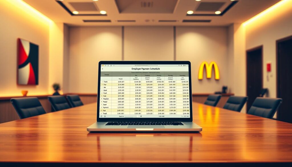 A vibrant, well-lit corporate office interior, with a large, polished wooden desk in the center. On the desk, a laptop displays a detailed spreadsheet showing McDonald's employee payment schedule, including pay periods, pay dates, and payment methods. The background features minimalist decor, clean lines, and subtle branding elements that evoke the McDonald's logo and color palette. The lighting is warm and inviting, creating a professional and authoritative atmosphere suitable for a corporate financial document.