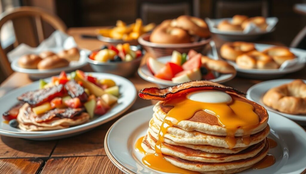 A visually appetizing breakfast menu laid out on a rustic wooden table, bathed in warm, natural lighting. In the foreground, a stack of fluffy pancakes drizzled with golden maple syrup, accompanied by a plate of crisp, sizzling bacon. In the middle ground, a vibrant fruit salad, its vibrant colors bursting forth. In the background, a selection of freshly baked pastries, their buttery crusts glistening. The overall scene exudes a cozy, inviting atmosphere, perfectly capturing the delightful dining experience offered at Keke's Breakfast Cafe. A visually appetizing breakfast menu laid out on a rustic wooden table, bathed in warm, natural lighting. In the foreground, a stack of fluffy pancakes drizzled with golden maple syrup, accompanied by a plate of crisp, sizzling bacon. In the middle ground, a vibrant fruit salad, its vibrant colors bursting forth. In the background, a selection of freshly baked pastries, their buttery crusts glistening. The overall scene exudes a cozy, inviting atmosphere, perfectly capturing the delightful dining experience offered at Keke's Breakfast Cafe.