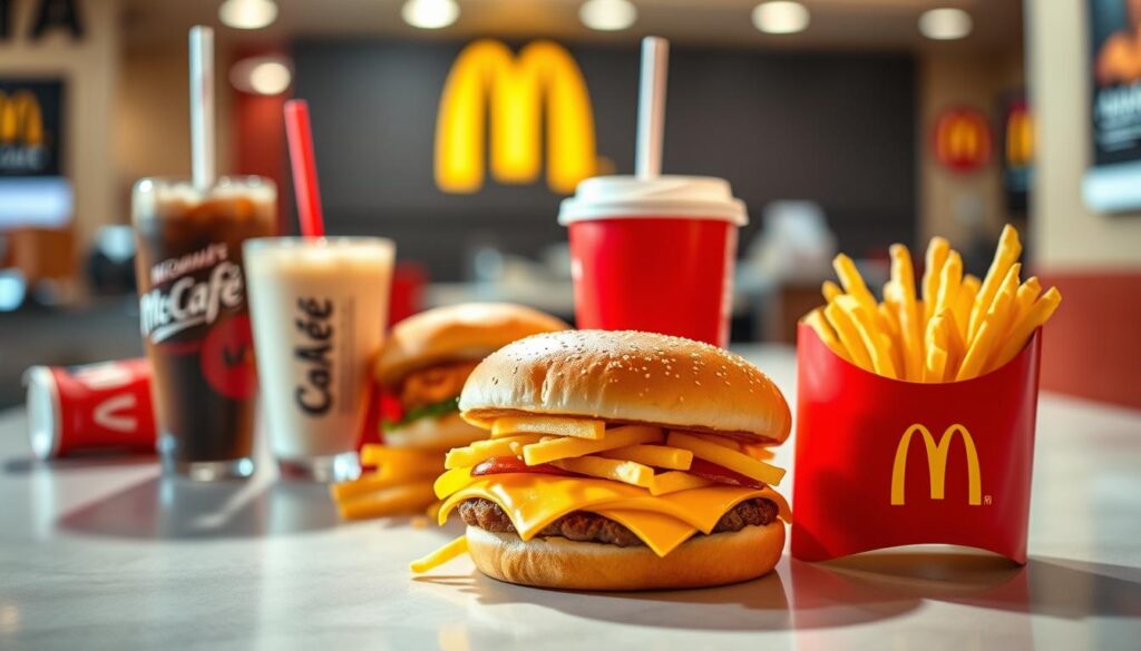 A visually appetizing display of McDonald's meal combinations, showcasing the variety and value of their offerings. In the foreground, a selection of classic menu items - a Big Mac, a medium fries, and a medium Coke - arranged neatly on a clean surface, bathed in warm, inviting lighting. In the middle ground, additional meal options such as a McChicken sandwich, a small vanilla shake, and a small McCafé coffee, creating a balanced and harmonious composition. The background blurs softly, hinting at the familiar McDonald's restaurant environment, with subtle branding elements visible. The overall scene conveys a sense of accessibility, affordability, and the satisfying experience of a McDonald's meal.