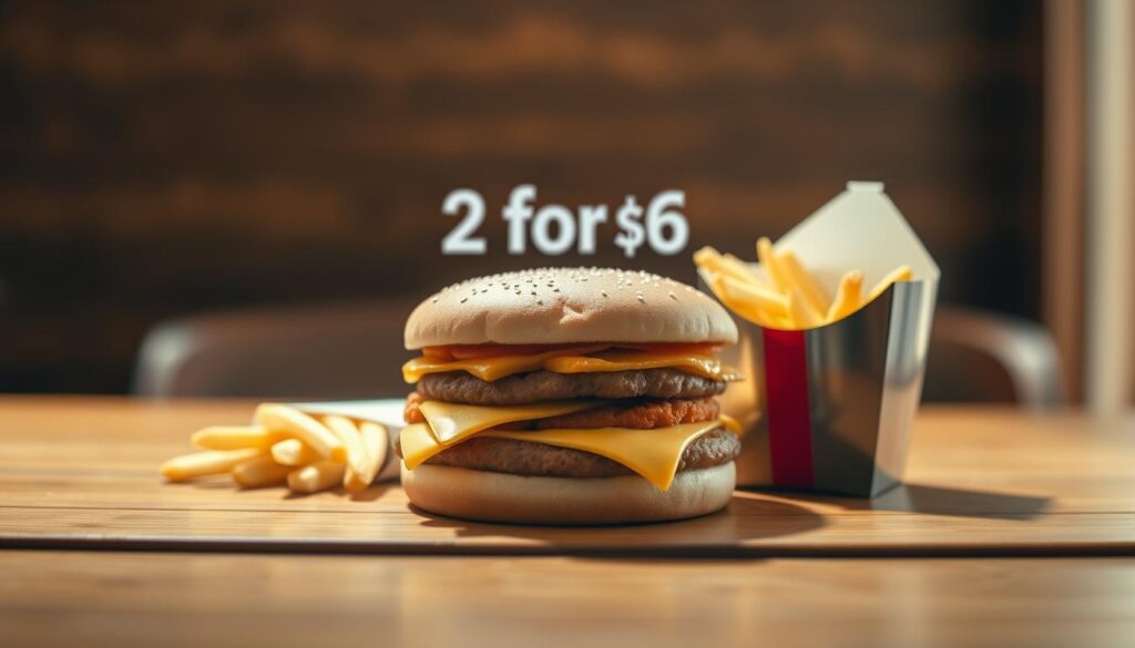A visually arresting still life composition showcasing the items featured in McDonald's iconic 2 for $6 deal. Centered on a wooden table, the scene depicts a selection of classic menu favorites - a Big Mac, a McChicken sandwich, and a small order of French fries - arranged with careful attention to symmetry and proportion. Soft, natural lighting from the side lends a warm, inviting tone, while the camera's shallow depth of field beautifully blurs the background, drawing the viewer's focus to the delectable subject matter. The overall mood is one of mouthwatering temptation, capturing the essence of this beloved fast-food promotion. A visually arresting still life composition showcasing the items featured in McDonald's iconic 2 for $6 deal. Centered on a wooden table, the scene depicts a selection of classic menu favorites - a Big Mac, a McChicken sandwich, and a small order of French fries - arranged with careful attention to symmetry and proportion. Soft, natural lighting from the side lends a warm, inviting tone, while the camera's shallow depth of field beautifully blurs the background, drawing the viewer's focus to the delectable subject matter. The overall mood is one of mouthwatering temptation, capturing the essence of this beloved fast-food promotion.