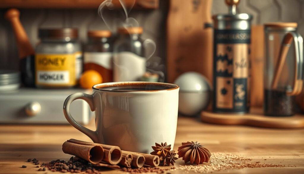A warm, cozy kitchen counter with a classic ceramic mug filled with rich, dark instant coffee. Soft, natural lighting illuminates the steam rising from the surface, capturing the aroma and depth of flavor. In the foreground, a collection of familiar spices, cinnamon sticks, and a subtle sprinkle of cocoa powder add layers of complexity to the scene. The background features a vintage wooden shelf with jars of honey, raw sugar, and a small French press, suggesting ways to further enhance the instant coffee experience. The overall mood is one of comfort, creativity, and the satisfying ritual of crafting a personalized, elevated instant espresso shot. A warm, cozy kitchen counter with a classic ceramic mug filled with rich, dark instant coffee. Soft, natural lighting illuminates the steam rising from the surface, capturing the aroma and depth of flavor. In the foreground, a collection of familiar spices, cinnamon sticks, and a subtle sprinkle of cocoa powder add layers of complexity to the scene. The background features a vintage wooden shelf with jars of honey, raw sugar, and a small French press, suggesting ways to further enhance the instant coffee experience. The overall mood is one of comfort, creativity, and the satisfying ritual of crafting a personalized, elevated instant espresso shot.