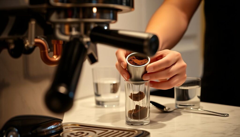 A well-crafted espresso preparation scene: a stainless steel espresso machine in the foreground, its gleaming chrome body and portafilter handle reflecting the warm, ambient lighting. In the middle ground, a barista's hands carefully tamp the freshly ground coffee, creating a uniform, compressed puck. The background features a clean, minimalist counter, with a glass of water and a spoon placed neatly nearby, setting the stage for the precise, methodical process. The overall mood is one of focused concentration, with a touch of artisanal elegance, capturing the essence of creating the perfect shot of espresso. A well-crafted espresso preparation scene: a stainless steel espresso machine in the foreground, its gleaming chrome body and portafilter handle reflecting the warm, ambient lighting. In the middle ground, a barista's hands carefully tamp the freshly ground coffee, creating a uniform, compressed puck. The background features a clean, minimalist counter, with a glass of water and a spoon placed neatly nearby, setting the stage for the precise, methodical process. The overall mood is one of focused concentration, with a touch of artisanal elegance, capturing the essence of creating the perfect shot of espresso.