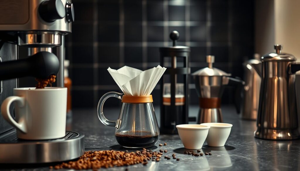 A well-lit, close-up photograph of a countertop with various common coffee brewing mistakes demonstrated. In the foreground, an espresso machine with grounds spilling out of the portafilter, an overflowing cup, and a tamper used incorrectly. In the middle ground, a V60 pour-over setup with a carafe positioned off-center and a gooseneck kettle with water temperature off-mark. In the background, a French press with the plunger not fully depressed and a moka pot with the safety valve open. The scene is shot with a shallow depth of field, creating a moody, educational atmosphere to illustrate the common errors made when brewing espresso at home using alternative coffee makers. A well-lit, close-up photograph of a countertop with various common coffee brewing mistakes demonstrated. In the foreground, an espresso machine with grounds spilling out of the portafilter, an overflowing cup, and a tamper used incorrectly. In the middle ground, a V60 pour-over setup with a carafe positioned off-center and a gooseneck kettle with water temperature off-mark. In the background, a French press with the plunger not fully depressed and a moka pot with the safety valve open. The scene is shot with a shallow depth of field, creating a moody, educational atmosphere to illustrate the common errors made when brewing espresso at home using alternative coffee makers.