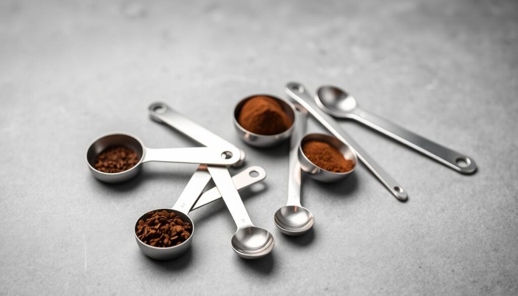 A well-lit, close-up photograph of an assortment of instant espresso coffee measuring spoons, scoops, and spoons on a neutral gray background. The measuring implements are arranged neatly, showcasing their different sizes and shapes, from a small 1-teaspoon scoop to a larger 2-tablespoon scoop. The lighting is soft and even, highlighting the metallic sheen of the utensils and emphasizing their functional design. The image conveys a sense of precision and attention to detail, underscoring the importance of accurate coffee measurements in preparing the perfect instant espresso. A well-lit, close-up photograph of an assortment of instant espresso coffee measuring spoons, scoops, and spoons on a neutral gray background. The measuring implements are arranged neatly, showcasing their different sizes and shapes, from a small 1-teaspoon scoop to a larger 2-tablespoon scoop. The lighting is soft and even, highlighting the metallic sheen of the utensils and emphasizing their functional design. The image conveys a sense of precision and attention to detail, underscoring the importance of accurate coffee measurements in preparing the perfect instant espresso.