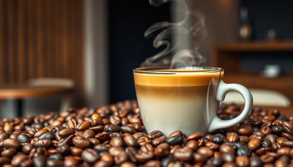 A well-lit, close-up shot of a Gran Lungo coffee cup showcasing the various flavor notes. The foreground features an array of diverse coffee beans, their colors and textures highlighting the complexity of the blend. In the middle ground, wisps of steam rise from the freshly brewed coffee, revealing the rich, smooth crema. The background depicts a minimalist, modern cafe setting with subtle hints of wood tones and muted lighting, creating a calming, inviting atmosphere. The entire composition evokes a sense of artisanal craftsmanship and the pleasure of savoring a perfectly prepared Gran Lungo. A well-lit, close-up shot of a Gran Lungo coffee cup showcasing the various flavor notes. The foreground features an array of diverse coffee beans, their colors and textures highlighting the complexity of the blend. In the middle ground, wisps of steam rise from the freshly brewed coffee, revealing the rich, smooth crema. The background depicts a minimalist, modern cafe setting with subtle hints of wood tones and muted lighting, creating a calming, inviting atmosphere. The entire composition evokes a sense of artisanal craftsmanship and the pleasure of savoring a perfectly prepared Gran Lungo.