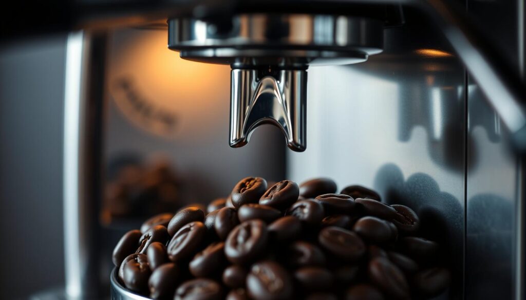 A well-lit close-up shot of a metal espresso machine with a transparent hopper filled with chocolate-covered espresso beans, captured from a slight angle to highlight the texture and depth of the beans. The machine's sleek, polished exterior creates a striking contrast with the rich, dark chocolate coating the espresso beans. The lighting casts soft shadows, accentuating the three-dimensional nature of the beans and the machine's intricate design. The overall mood is one of precision, quality, and the perfect synergy between coffee and chocolate. A well-lit close-up shot of a metal espresso machine with a transparent hopper filled with chocolate-covered espresso beans, captured from a slight angle to highlight the texture and depth of the beans. The machine's sleek, polished exterior creates a striking contrast with the rich, dark chocolate coating the espresso beans. The lighting casts soft shadows, accentuating the three-dimensional nature of the beans and the machine's intricate design. The overall mood is one of precision, quality, and the perfect synergy between coffee and chocolate.