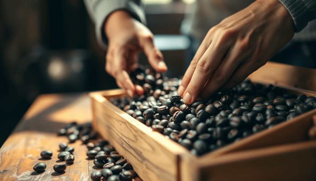 A well-lit close-up shot of a person's hands carefully selecting high-quality espresso beans from a wooden crate on a rustic farm table. The beans are dark, shiny, and appear freshly roasted. The background is slightly blurred, showcasing the rich colors and textures of the beans in the foreground. The lighting is warm and natural, casting a soft glow on the scene. The angle emphasizes the importance and precision of choosing the right beans for a perfect espresso. The overall mood is one of focus, attention to detail, and the appreciation of quality ingredients. A well-lit close-up shot of a person's hands carefully selecting high-quality espresso beans from a wooden crate on a rustic farm table. The beans are dark, shiny, and appear freshly roasted. The background is slightly blurred, showcasing the rich colors and textures of the beans in the foreground. The lighting is warm and natural, casting a soft glow on the scene. The angle emphasizes the importance and precision of choosing the right beans for a perfect espresso. The overall mood is one of focus, attention to detail, and the appreciation of quality ingredients.