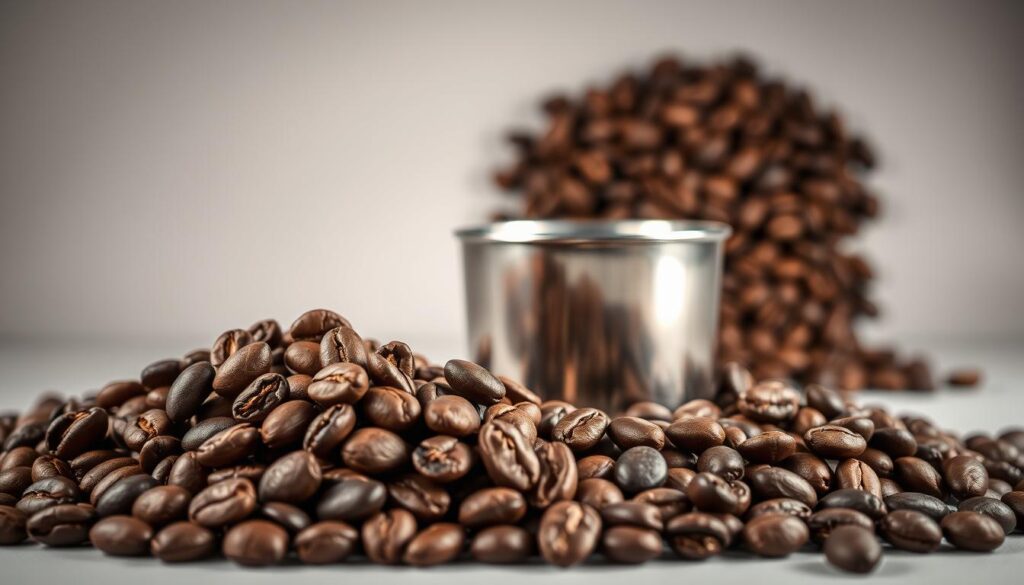 A well-lit, close-up still life showcasing the visual differences in roast levels of coffee beans. The foreground features a selection of freshly roasted beans in varying shades of brown, from light caramel to deep ebony. The middle ground displays a stainless steel cup or small bowl, allowing the viewer to appreciate the nuances in color, texture, and oil content across the roast spectrum. The background is a minimalist, neutral-toned surface, creating a clean, professional backdrop that emphasizes the subject. Soft, directional lighting casts gentle shadows, accentuating the tactile qualities of the beans. The overall composition is crisp, detailed, and evocative of the craft and care required to achieve the perfect roast for exceptional espresso. A well-lit, close-up still life showcasing the visual differences in roast levels of coffee beans. The foreground features a selection of freshly roasted beans in varying shades of brown, from light caramel to deep ebony. The middle ground displays a stainless steel cup or small bowl, allowing the viewer to appreciate the nuances in color, texture, and oil content across the roast spectrum. The background is a minimalist, neutral-toned surface, creating a clean, professional backdrop that emphasizes the subject. Soft, directional lighting casts gentle shadows, accentuating the tactile qualities of the beans. The overall composition is crisp, detailed, and evocative of the craft and care required to achieve the perfect roast for exceptional espresso.