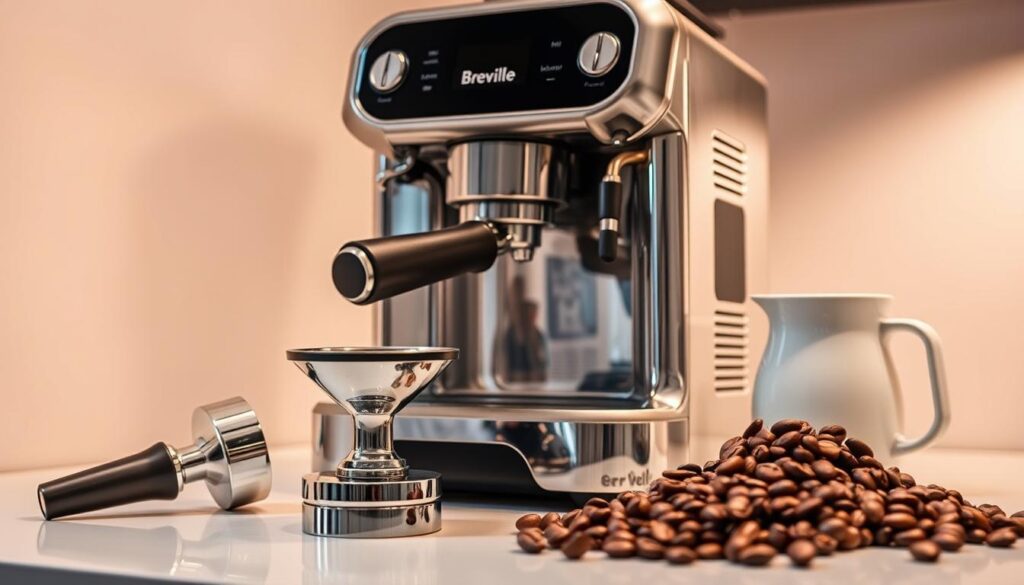 A well-lit countertop, a Breville espresso machine sitting center stage. The shiny stainless steel casing gleams under warm, directional lighting, inviting the viewer to explore its intuitive controls and features. In the foreground, a portafilter is held at the ready, its chrome finish reflecting the scene. Carefully arranged next to the machine are the essential tools: a tamper, a milk pitcher, and a selection of freshly roasted coffee beans, their textures and colors creating a visually appealing composition. The background fades into soft, diffused lighting, creating a sense of focus on the espresso machine and its accessories, the perfect setup for brewing a delicious cup of coffee. A well-lit countertop, a Breville espresso machine sitting center stage. The shiny stainless steel casing gleams under warm, directional lighting, inviting the viewer to explore its intuitive controls and features. In the foreground, a portafilter is held at the ready, its chrome finish reflecting the scene. Carefully arranged next to the machine are the essential tools: a tamper, a milk pitcher, and a selection of freshly roasted coffee beans, their textures and colors creating a visually appealing composition. The background fades into soft, diffused lighting, creating a sense of focus on the espresso machine and its accessories, the perfect setup for brewing a delicious cup of coffee.