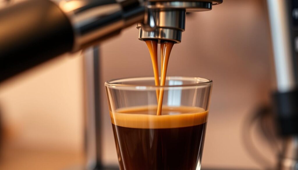 A well-lit, crisp close-up of an espresso shot being poured from a professional-grade espresso machine. The shot has a deep, rich brown color with a delicate, creamy crema on top. The glass or demitasse cup is positioned at a slight angle, catching the flow of the espresso as it emerges from the group head. The background is softly blurred, placing the focus entirely on the espresso shot. The lighting is warm and even, highlighting the texture and depth of the liquid. The overall mood is one of simplicity, precision, and the anticipation of a perfectly extracted shot. A well-lit, crisp close-up of an espresso shot being poured from a professional-grade espresso machine. The shot has a deep, rich brown color with a delicate, creamy crema on top. The glass or demitasse cup is positioned at a slight angle, catching the flow of the espresso as it emerges from the group head. The background is softly blurred, placing the focus entirely on the espresso shot. The lighting is warm and even, highlighting the texture and depth of the liquid. The overall mood is one of simplicity, precision, and the anticipation of a perfectly extracted shot.