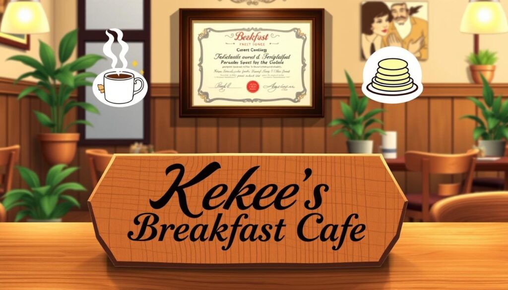 A well-lit, detailed illustration of the current ownership details for Keke's Breakfast Cafe. In the foreground, a wooden placard displays the cafe's name in elegant cursive lettering. Behind it, a framed certificate showcases the owners' names and signatures, conveying a sense of professionalism and legitimacy. The middle ground features stylized icons representing the cafe's menu, such as steaming mugs of coffee, fluffy pancakes, and fresh fruit. In the background, a cozy, inviting interior with warm lighting, wooden furnishings, and plant accents sets the scene. The overall mood is one of a successful, family-owned breakfast establishment with a focus on quality, hospitality, and attention to detail. A well-lit, detailed illustration of the current ownership details for Keke's Breakfast Cafe. In the foreground, a wooden placard displays the cafe's name in elegant cursive lettering. Behind it, a framed certificate showcases the owners' names and signatures, conveying a sense of professionalism and legitimacy. The middle ground features stylized icons representing the cafe's menu, such as steaming mugs of coffee, fluffy pancakes, and fresh fruit. In the background, a cozy, inviting interior with warm lighting, wooden furnishings, and plant accents sets the scene. The overall mood is one of a successful, family-owned breakfast establishment with a focus on quality, hospitality, and attention to detail.